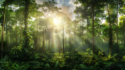 Wall Mural - panorama of tropical forest trees soft lighting calm environment