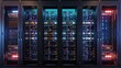 © kitidach - Server racks with integrated power management systems, nextgen data center theme, front view, demonstrating innovative energy distribution, futuristic tone, triadic color scheme