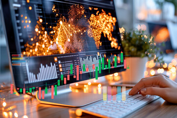 Fototapete - A person is using a computer with a monitor displaying a graph of stock prices. The person is typing on a keyboard, possibly making a trade or analyzing the data. Generative ai illustration.