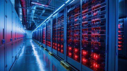 Largescale battery array in a hightech energy facility, advanced storage technology theme, side view, highlighting innovative battery solutions, digital tone, vivid