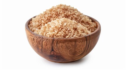 Wall Mural - heap of uncooked brown rice grains in wooden bowl isolated on white background healthy whole grain food photography