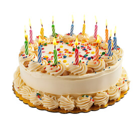 Poster - A birthday cake with lit candles and colorful sprinkles on a white background. Generative AI