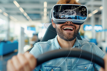 A man is wearing a virtual reality headset and test drive a car before making a decision to buy it. He is smiling and he is enjoying the experience. Generative ai illustration.