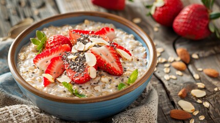 Wall Mural - Delicious Oatmeal with Strawberries, Almonds, and Chia Seeds in Blue Bowl