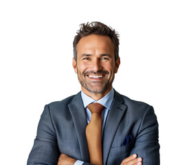 Smiling businessman in a suit crossing arms, on a white background, concept of professional confidence. Generative AI