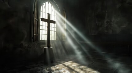 Wall Mural - illuminated shroud cross dramatic light pouring through church window 3d render