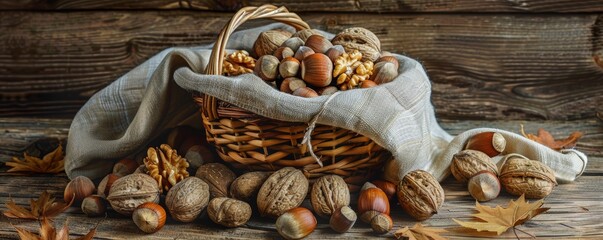Wall Mural - Autumn Harvest - Walnuts and Hazelnuts in a Wicker Basket with Cloth and Fall Leaves