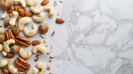 Wall Mural - Cashews, Almonds, Pecans and Hazelnuts on Marble Background