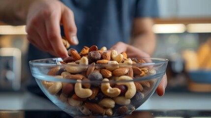 Wall Mural - Person's Hand Adding Almonds to Bowl of Mixed Nuts