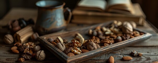 Wall Mural - Rustic Wooden Bowl Full of Mixed Nuts with a Ceramic Mug and Open Book in the Background