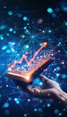Aufkleber - Digital hand holding a book with glowing graph and data, representing technology, innovation, and analytics in a futuristic setting.