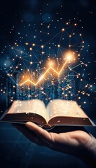 Poster - Hand holding open book with glowing digital graph and network, symbolizing data science, innovation, and knowledge in a futuristic setting.