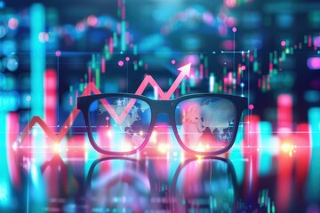 Poster - Modern glasses reflecting financial charts with glowing neon lights, representing data analysis and stock market trends.