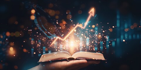 Aufkleber - Open book with glowing financial growth chart arrow, symbolizing knowledge and business success. Abstract light and bokeh background.