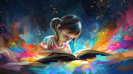 little girl immersed in reading a colorful storybook imagination and learning digital painting