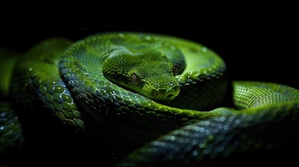 Wall Mural - lush green mamba snake coiled against dramatic dark background exotic wildlife photography