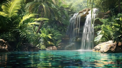 Wall Mural - lush jungle oasis cascading waterfall into crystal clear pond photo illustration