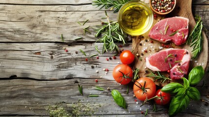 Canvas Print - Raw pork steak with herbs oil and spices on a wooden background ready for cooking