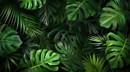  lush tropical leaves banner with monstera and palm foliage realistic pattern