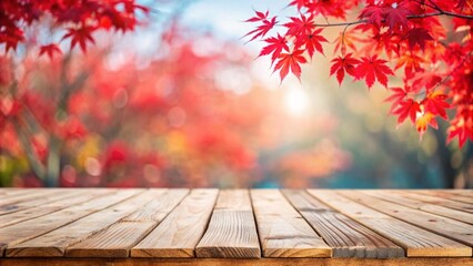 Wall Mural - Empty wood table top and blurred autumn tree and red leaf background - can used for display or montage your products