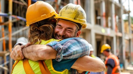 Construction workers wearing hard hats and safety vests embracing each other at a construction site