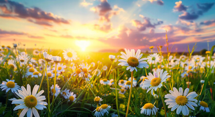 Daisy field with sunset sky, beautiful summer landscape