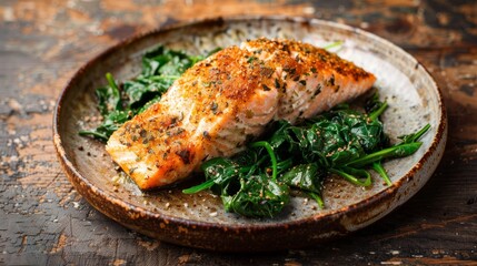 Wall Mural - Close-up of Baked Salmon with Spinach on Rustic Plate