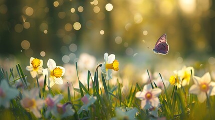 Sticker - Fields of daffodils with beautiful butterflies bathed in the soft morning sunlight. The view is peaceful and serene, with a blurry dreamy bokeh background