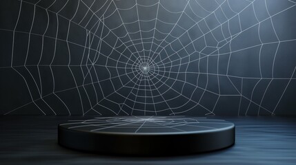 Wall Mural - Spider web on a black background, round podium.  An empty dark showcase for displaying goods. 3D rendering.