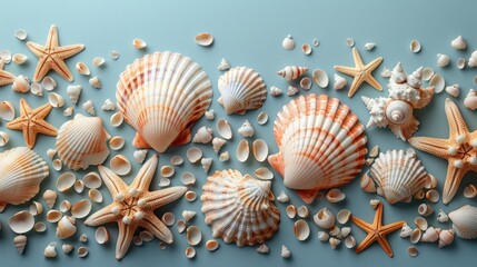 Seashells and starfish scattered on a blue background.  A summery design perfect for backgrounds and textures.