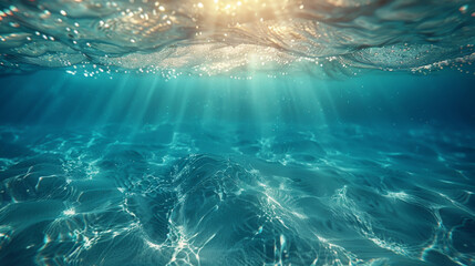 Wall Mural - Sunlight shining ,the surface and under the blue ocean, sea wave , with clean waters in summer time
