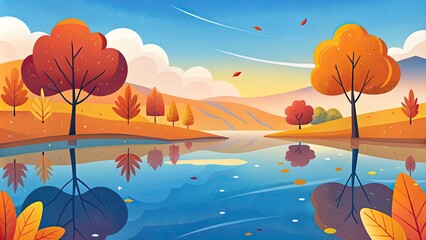 Wall Mural - Autumn landscape with vibrant trees reflected in a serene lake.