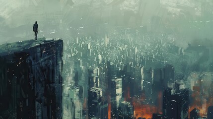 Wall Mural - man standing on edge of tall skyscraper rooftop cityscape view conquering fear concept digital painting