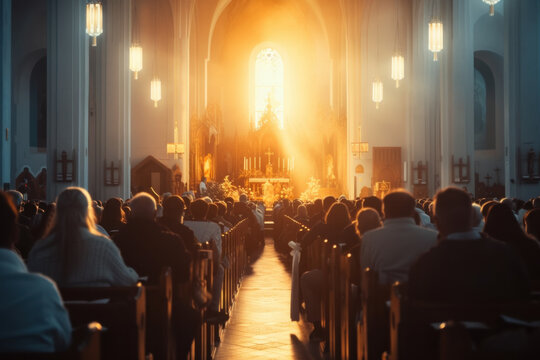 Congregation gathered in a church bathed in divine sunlight during a spiritual service, capturing a communal moment of faith.