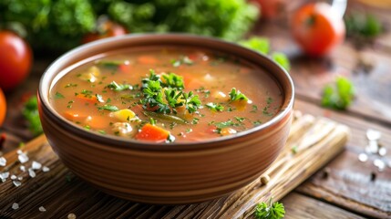 Wall Mural - Close-up of Rustic Bowl with Tomato Soup and Fresh Parsley