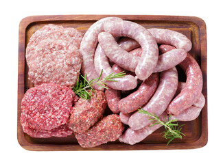 Poster - Mix of fresh meat products for grill on cutting board isolated on transparent background, top view