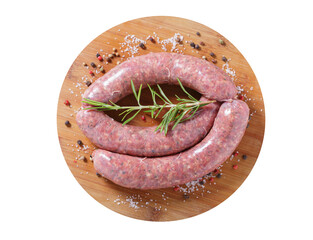 Wall Mural - Fresh sausages with rosemary and spices on a chopping board isolated on transparent background, top view