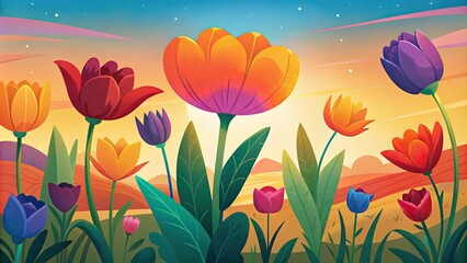 Sticker - Colorful tulips blooming under a sunny sky.