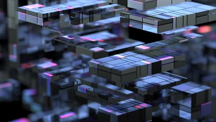 Concept of decentralized blockchain network. Many cube blocks moving. 