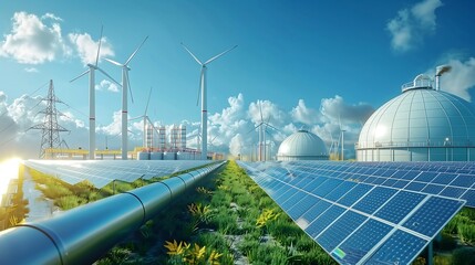 hydrogen renewable energy production pipeline weaving through a landscape dotted with solar panels and wind turbines