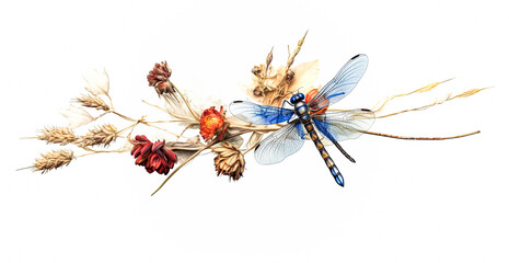 Wall Mural - Two dragonflies are flying over a field of flowers.