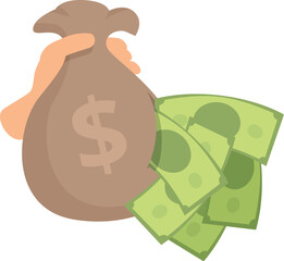 Poster - Hand holding a money bag with dollar bills flying out, representing wealth, income, and financial success