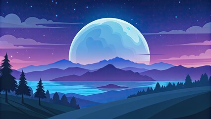 Wall Mural - A full moon rising over a mountain range at night.