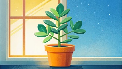 Poster - A potted plant soaking up sunlight by a window.