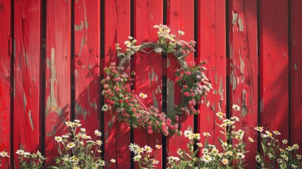 Sticker - Floral wreaths adorn a vibrant red wooden fence against a backdrop of a sunny outdoor setting a picturesque scene symbolizing the festive spirit of Summer Solstice Day Midsummer holiday and