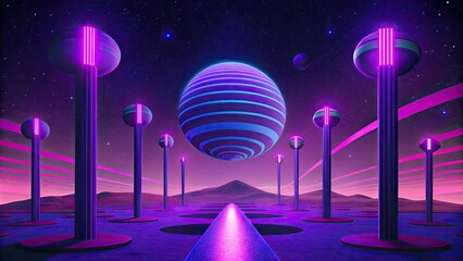 Canvas Print - A futuristic scene with neon lights and floating spheres.