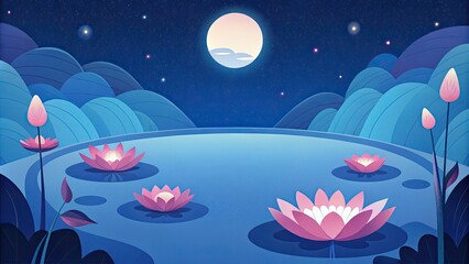 Sticker - A serene pond with blooming lotus flowers under the moonlight.