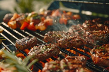 Wall Mural - Close-up of delicious grilled meats and vegetables cooking on a BBQ grill at a backyard party, enticing guests.