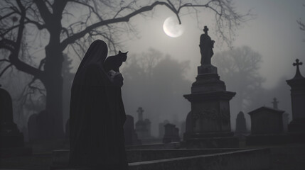 Hooded figure with a black cat in a foggy cemetery under the moonlight