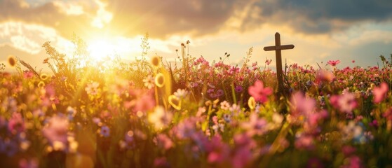 Cross in a field of blooming flowers, with the sun shining brightly, representing the beauty of faith in nature